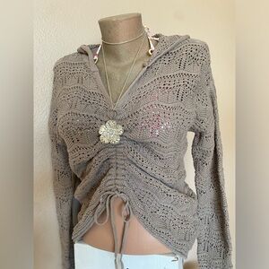 Tan Crochet Hoodie with Ruched Tie Detail